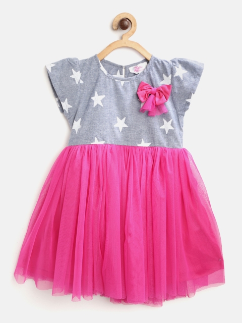 

Bella Moda Girls Grey & Pink Stars Print A-Line Dress with Bow Detail