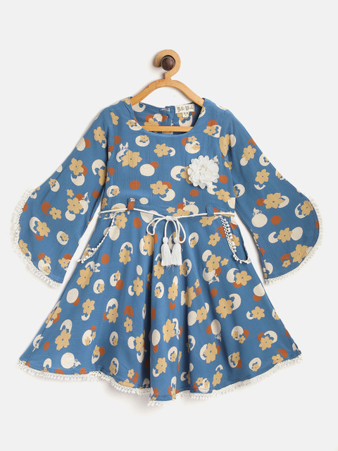 

Bella Moda Girls Teal Blue & White Floral Print Fit & Flare Dress with Belt