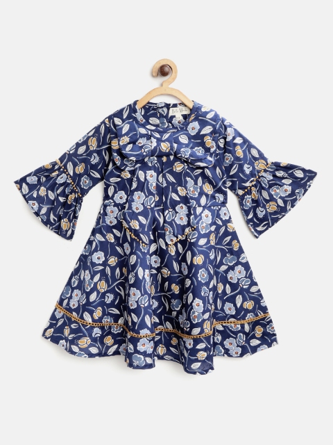 

Bella Moda Girls Navy Blue & White Floral Print Fit and Flare Dress with Bow Detail