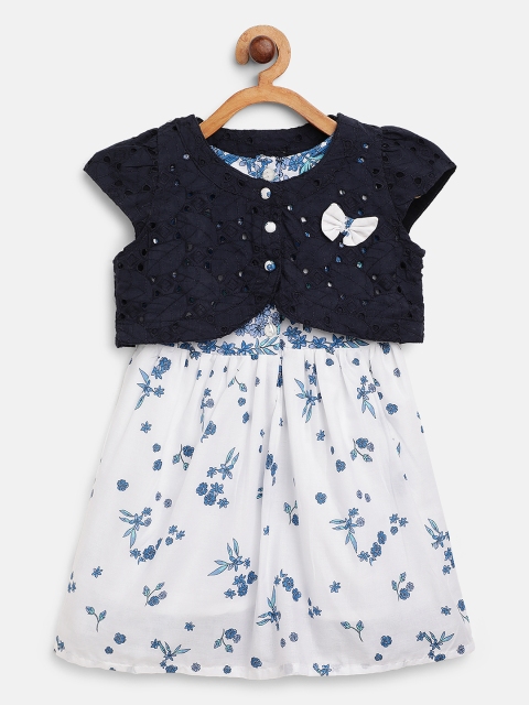 

Bella Moda Girls White & Blue Floral Print A-Line Dress with Schiffli Jacket