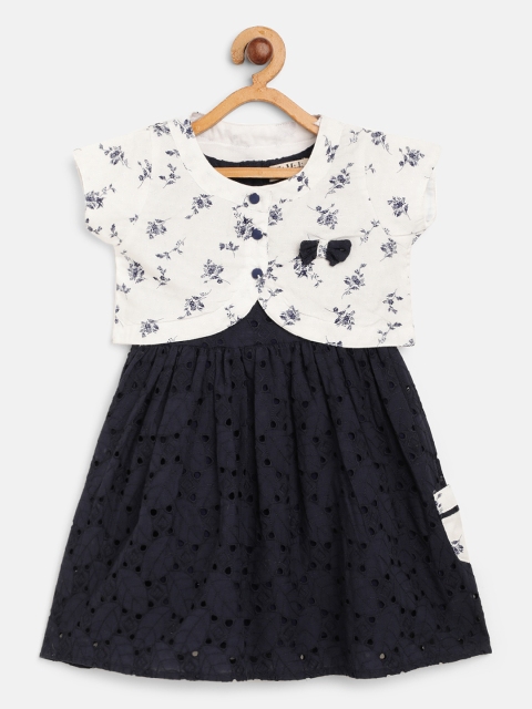 

Bella Moda Girls Navy & White Schiffli Embroidered Fit & Flare Dress with Printed Shrug, Navy blue