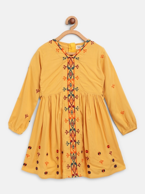 

Bella Moda Girls Mustard Yellow Embroidered A-Line Dress
