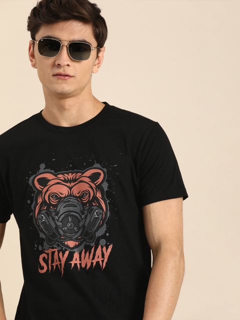 

Bewakoof Men Black Stay Away Bear Printed Round Neck T-shirt