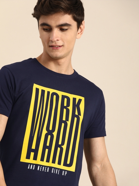 

Bewakoof Men Navy Blue Printed Round Neck Pure Cotton T-shirt