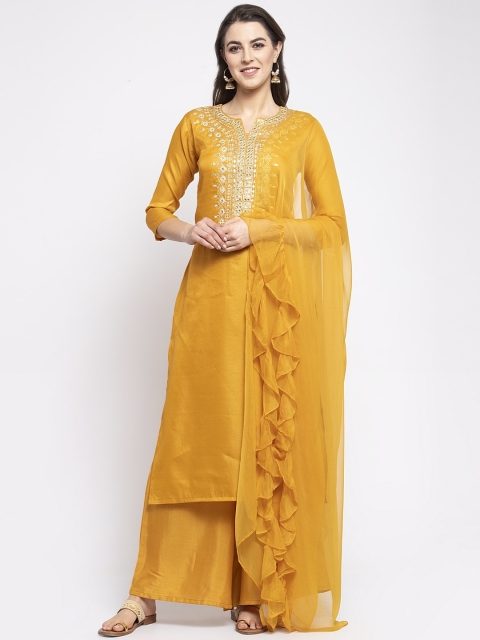 

KHALOM Women Mustard Yellow Embroidered Kurta with Palazzos & Dupatta