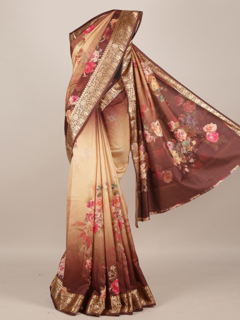

Pothys Peach-Coloured & Brown Jute Silk Printed Saree