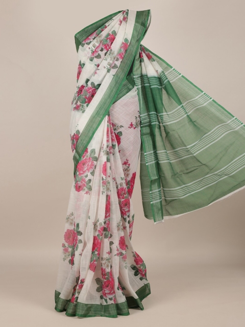 

Pothys White & Green Linen Blend Printed Saree
