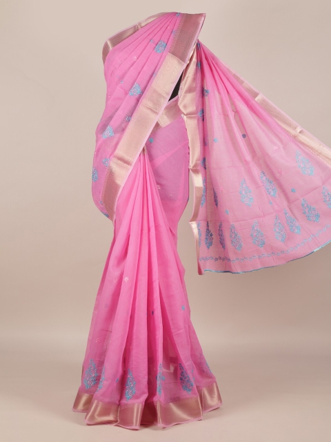 

Pothys Pink Embroidered Cotton Blend Saree with Zari Border