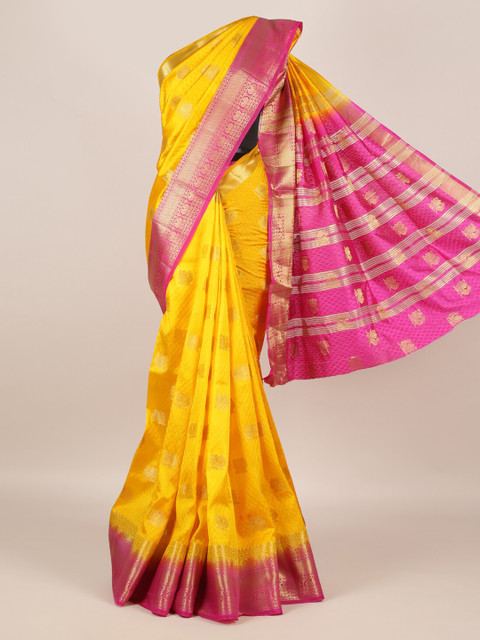 

Pothys Yellow & Pink Jute Silk Woven Design Saree with Zari Border