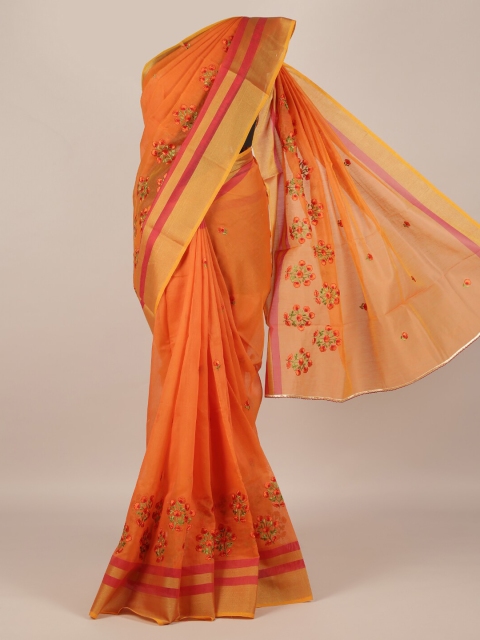 

Pothys Orange Cotton Blend Printed Chanderi Saree