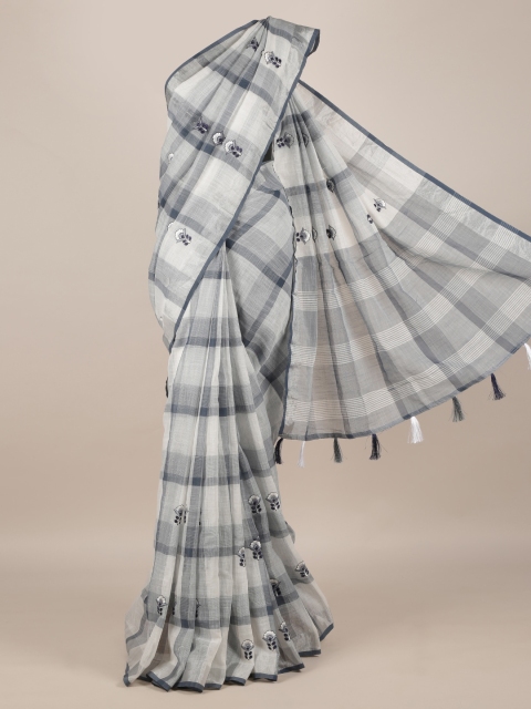 

Pothys White & Grey Linen Blend Checked Saree