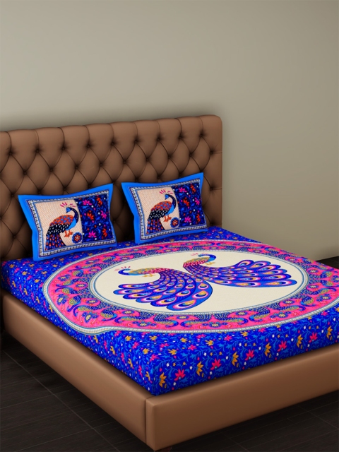 

METRO LIVING Blue & White Ethnic Motifs 104 TC Cotton 1 Queen Bedsheet with 2 Pillow Covers