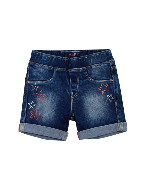 

VITAMINS Girls Navy Blue Washed Embellished Regular Fit Denim Shorts