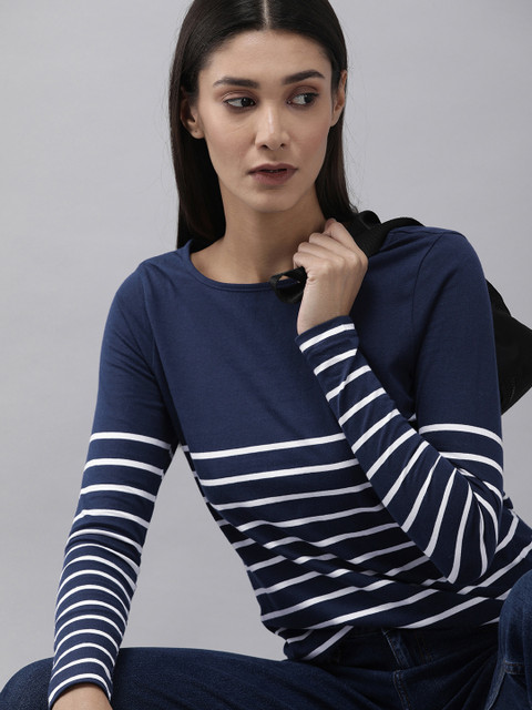 

The Roadster Lifestyle Co Navy Blue & White Striped Regular Top