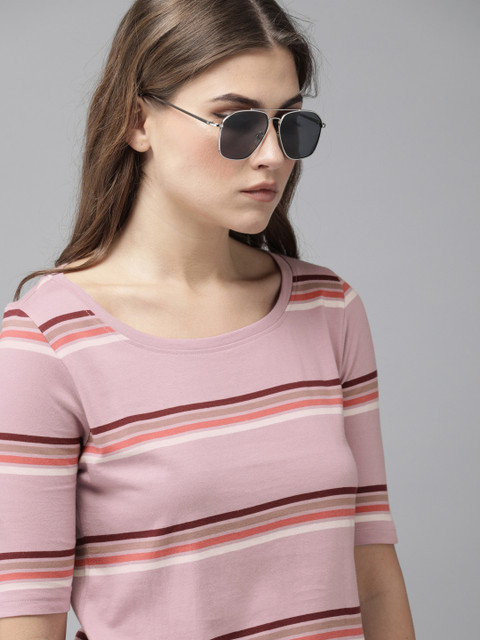 

Roadster Women Mauve Striped Pure Cotton Regular Top