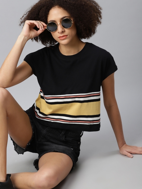 

Roadster Women Black & Cream-Coloured Pure Cotton Striped Extended Sleeves Boxy T-shirt