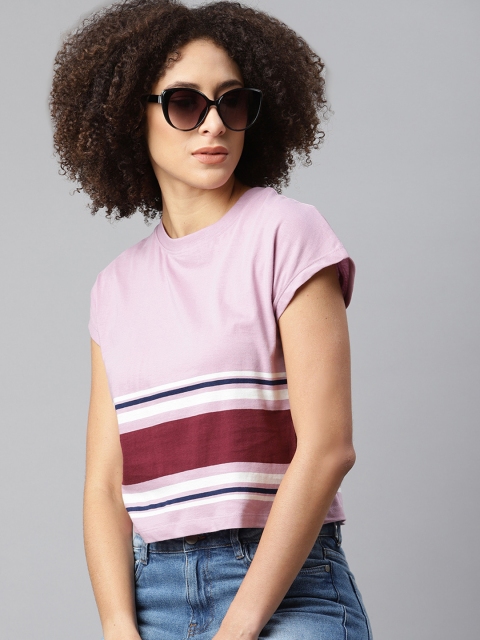 

Roadster Women Lavender & White Striped Pure Cotton Round Neck Cropped T-shirt