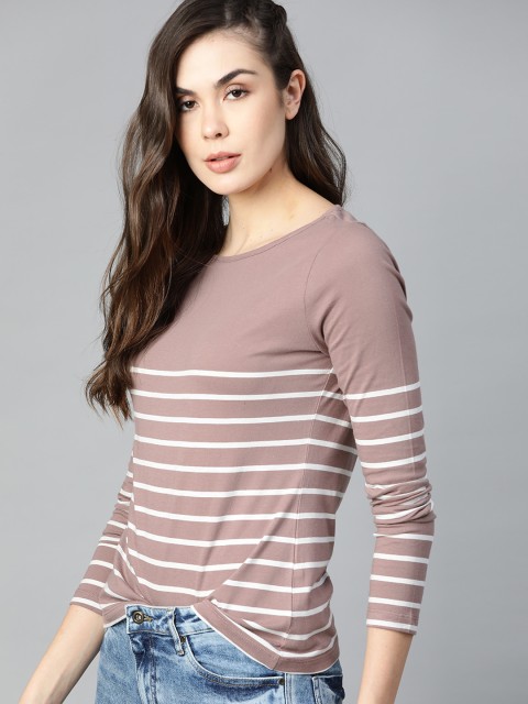 

The Roadster Lifestyle Co Mauve & White Striped Flat Knit Top