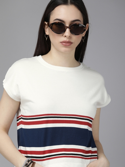 

Roadster White & Navy Blue Striped Extended Sleeves Regular Top