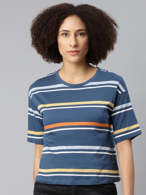 

The Roadster Lifestyle Co Women Navy Blue & Yellow Striped Easy Boxy Pure Cotton T-shirt