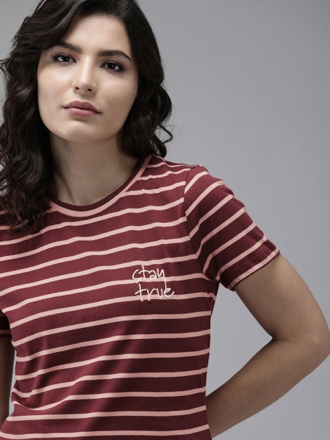

Roadster Women Maroon & Pink Striped T-shirt with Embroidery Detail