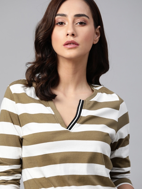 

Roadster Women Brown & White Pure Cotton Striped T-shirt