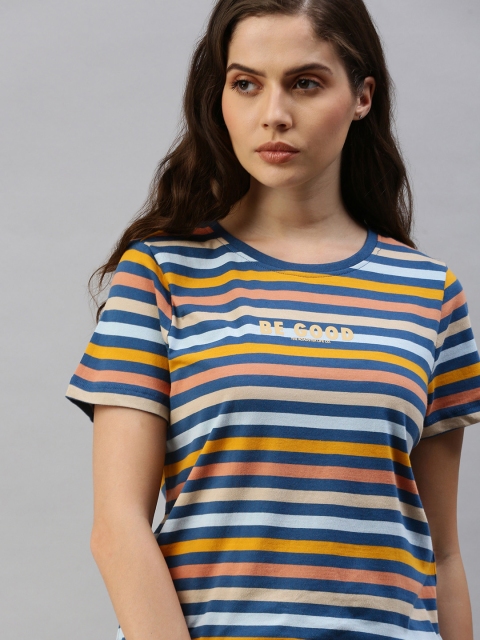 

Roadster Women Multicoloured Striped Round Neck T-shirt, Multi