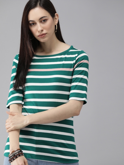 

The Roadster Lifestyle Co Women Green & White Striped T-shirt
