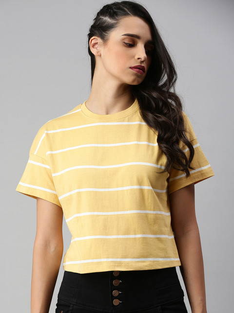

Roadster Women Yellow Striped Round Neck T-shirt