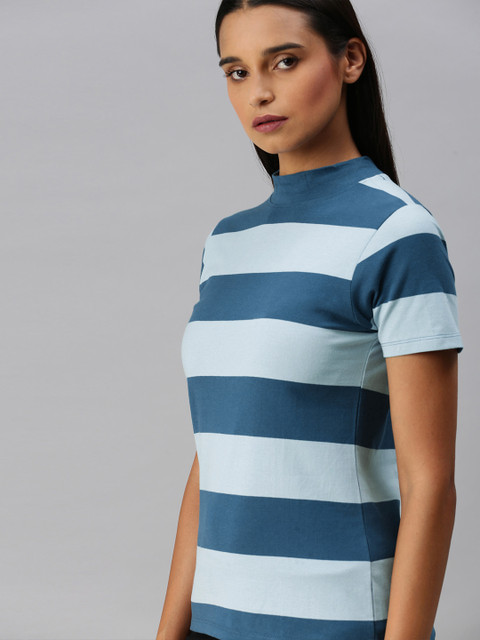 

Roadster Women Blue Striped High Neck T-shirt