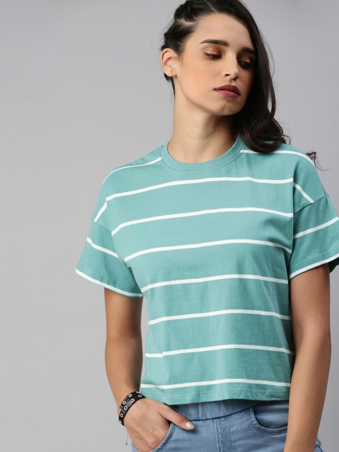 

Roadster Women Blue Striped Round Neck T-shirt