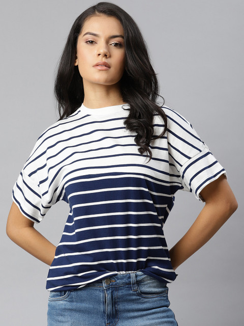 

Roadster Women White & Navy Blue Striped Dolman Sleeves Boxy T-shirt