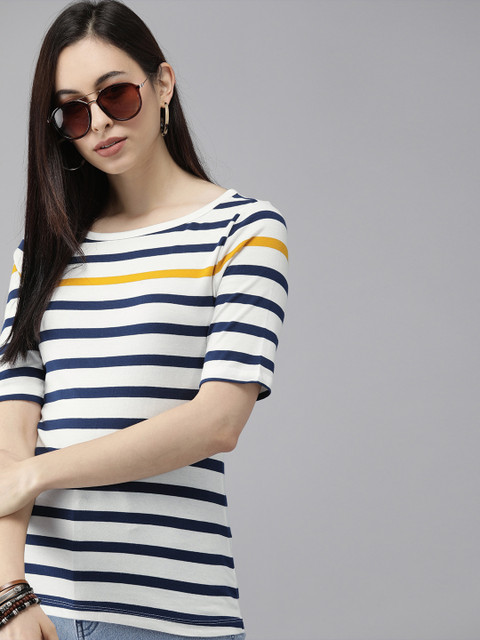 

The Roadster Lifestyle Co Women White & Navy Blue Striped T-shirt