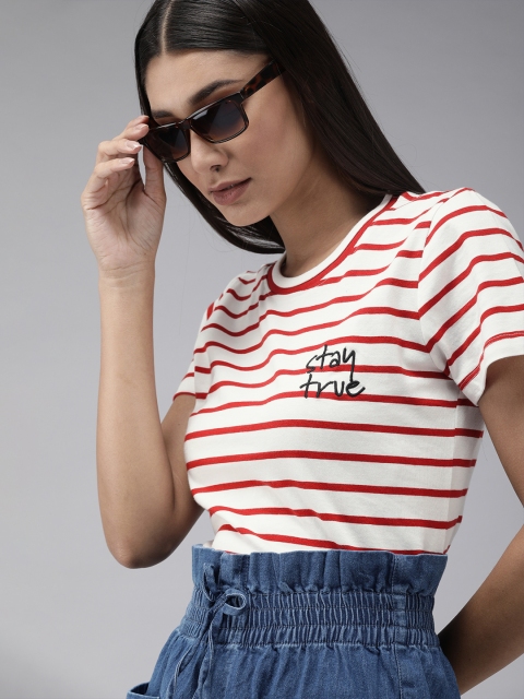 

The Roadster Lifestyle Co Women White Red Striped Pure Cotton T-shirt