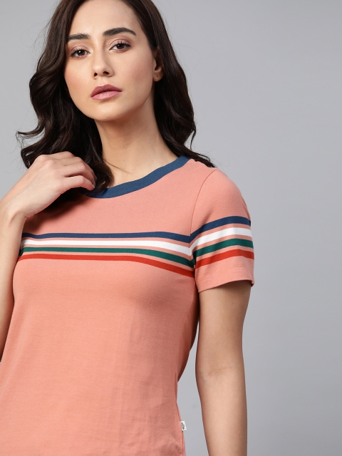 

The Roadster Lifestyle Co Women Pink Slim Perfect Fit Striped T-shirt