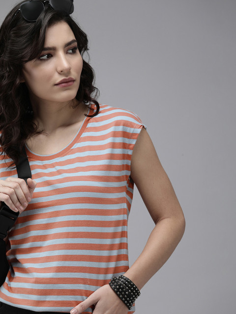 

The Roadster Lifestyle Co Women Blue Peach-Coloured Extended Sleeves Striped Pure Cotton T-shirt