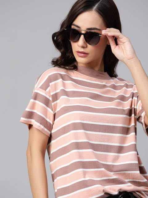 

Roadster Women Mauve & Pink Striped High Neck Drop-Shoulder Sleeves T-shirt