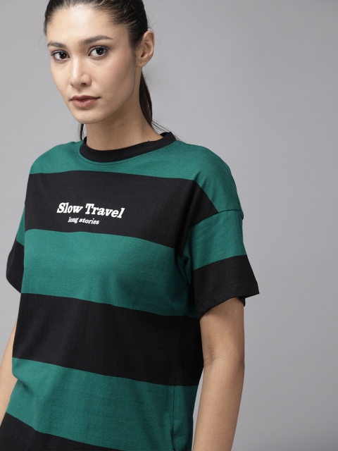 

The Roadster Lifestyle Co Women Teal Black Striped Pure Cotton T-shirt