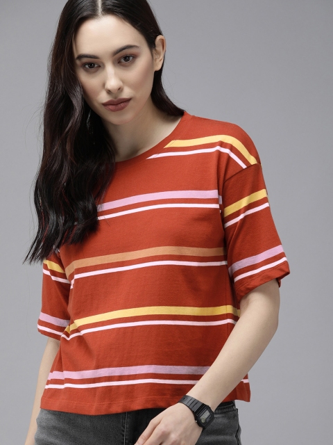 

Roadster Women Orange & Pink Striped Drop-Shoulder Sleeves Boxy T-shirt