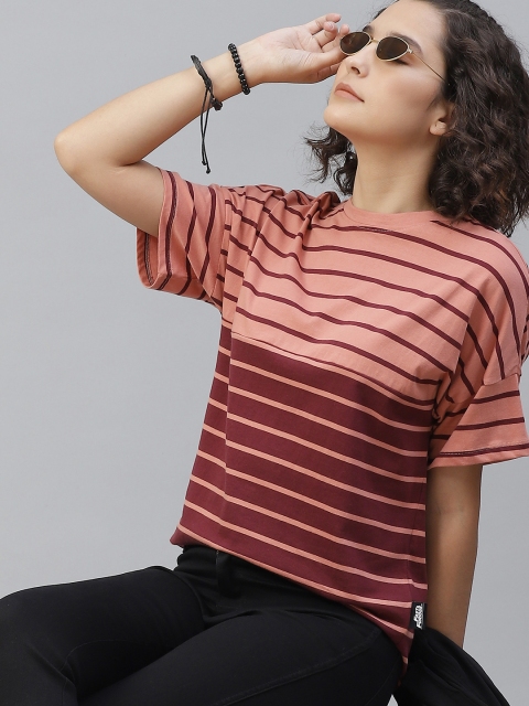 

Roadster Women Maroon & Pink Striped Pure Cotton Round Neck T-shirt