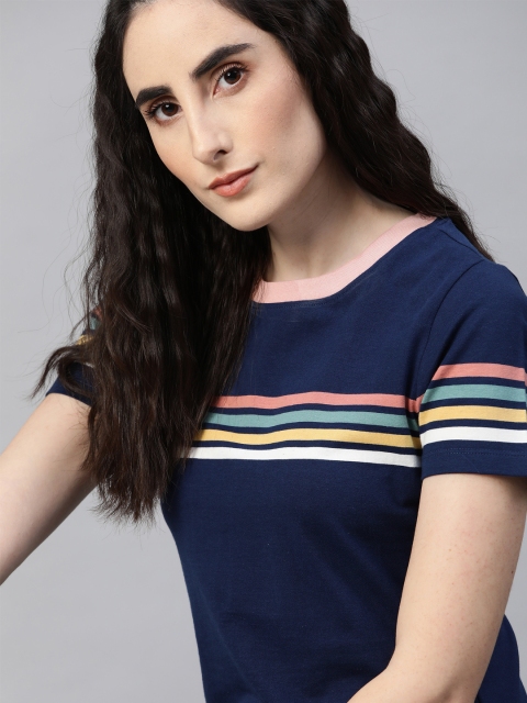 

Roadster Women Navy Blue Striped Slim Fit T-shirt