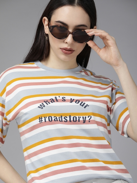 

The Roadster Lifestyle Co Women Grey Striped Talking Tee