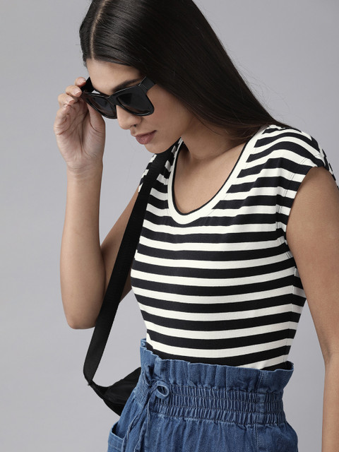 

The Roadster Lifestyle Co Women Black White Striped Pure Cotton T-shirt