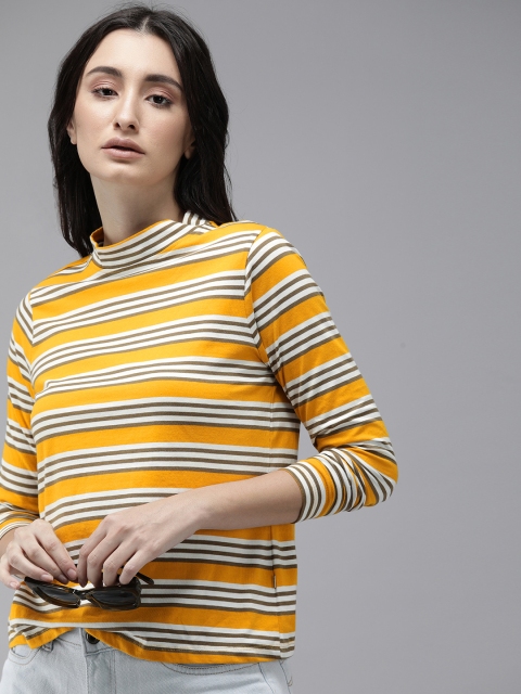 

Roadster Women Mustard Yellow & White Striped High Neck T-shirt