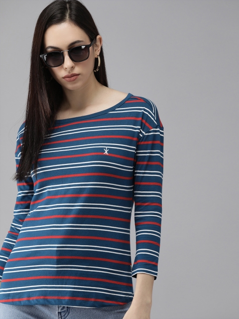 

The Roadster Lifestyle Co Women Blue White Striped Pure Cotton T-shirt