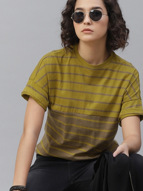 

The Roadster Lifestyle Co Women Mustard Yellow Taupe Striped Round Neck Pure Cotton T-shirt