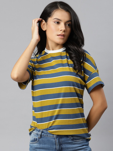 

Roadster Women Olive Green & Navy Blue Striped Boxy T-shirt