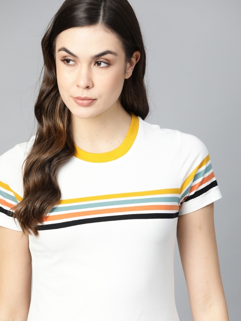 

The Roadster Lifestyle Co Women White Slim Fit Striped T-shirt