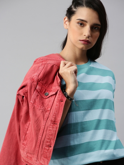

The Roadster Lifestyle Co Women Blue Striped Round Neck Pure Cotton T-shirt