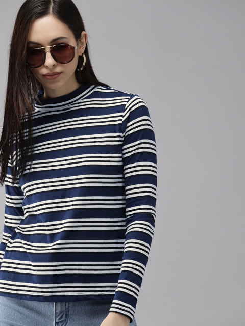 

Roadster Women Navy Blue & White Striped T-shirt